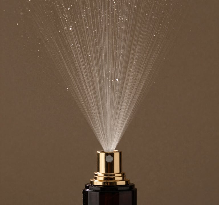 A macro photograph focusing on the fine spray of a luxury atomizer, the tiny droplets suspended in the air against a muted bronze background. The lighting is focused and controlled, emphasizing the concept of diffusion and lasting impact.