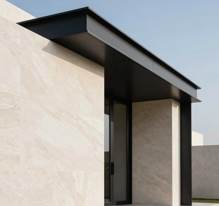 A minimalist architectural detail of a luxury villa in the Gulf region, bone white stone meeting obsidian black steel under a clear afternoon sun. Sharp geometric shadows. Clean, precise composition.