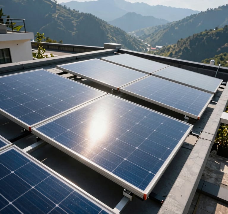 A professional installation of hybrid solar panels on a luxury resort rooftop in the mountains of South Asia. Sunlight reflecting off the premium glass panels.