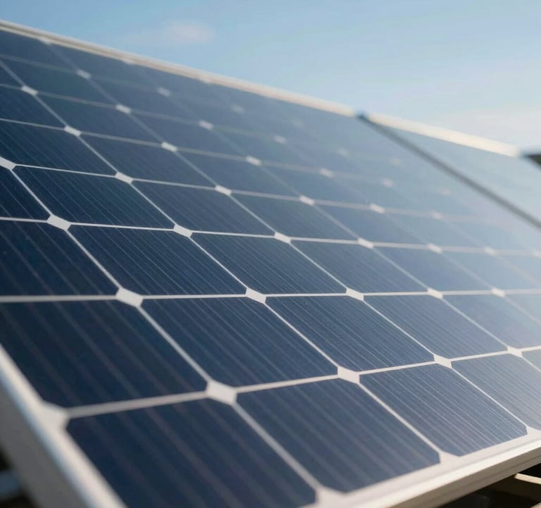 Close-up photography of a high-efficiency monocrystalline solar panel reflecting a clear blue sky, luxury finish with soft light mint and dark blue highlights, modern industrial style.