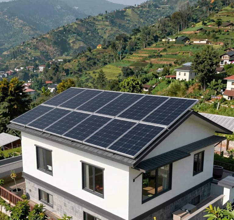 A beautiful residential rooftop solar installation on a modern South Asian house amidst the lush green hills of Uttarakhand, bright sunny day, professional photography.