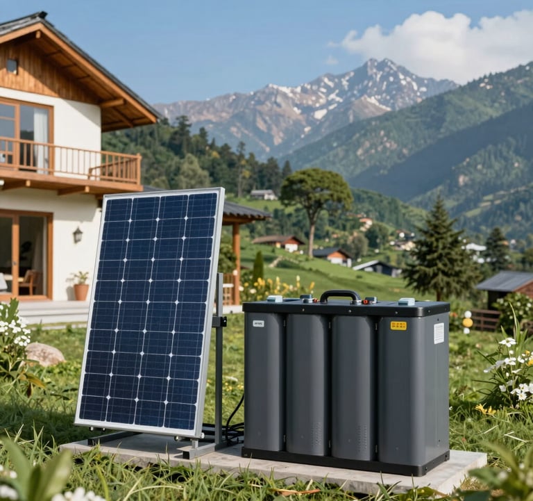 A premium off-grid solar power system with battery storage installed at a remote luxury villa in Uttarakhand. Clear blue skies, lush green South Asian surroundings, and modern, high-tech energy equipment in sharp focus.
