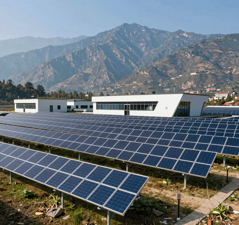 A wide shot of a large commercial hybrid solar plant in Uttarakhand, India, with the Himalayan foothills in the background. Modern design, clean composition, bright daylight.