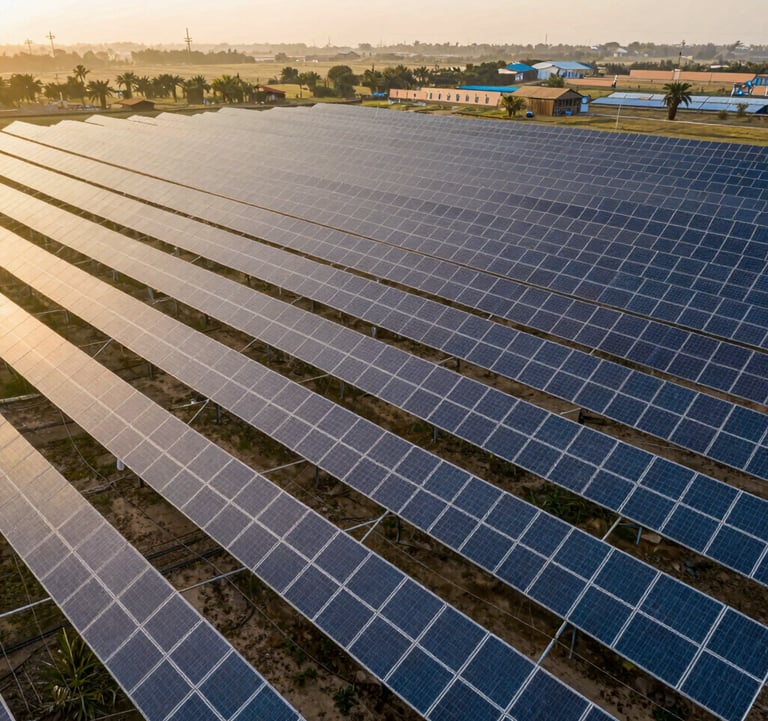 An aerial view of a large-scale commercial solar plant in a rural South Asian landscape, golden hour sunlight hitting the panels, premium professional composition.