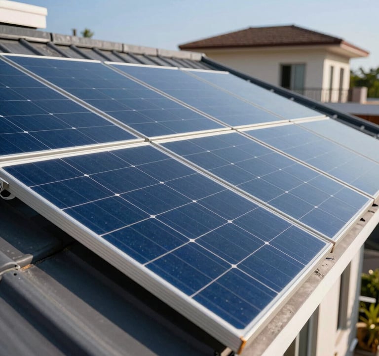 A close-up photograph of high-efficiency on-grid solar panels reflecting a clear blue sky on a South Asian residential rooftop. Crisp, modern look with luxury glassmorphism vibes and professional solar branding.