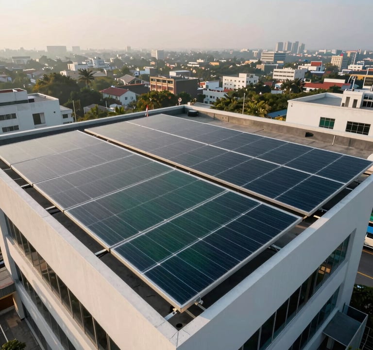 A sophisticated hybrid solar plant setup on a commercial building rooftop. Glossy dark green and blue textures, soft morning sunlight, South Asian urban landscape in the background, professional and high-end aesthetics.