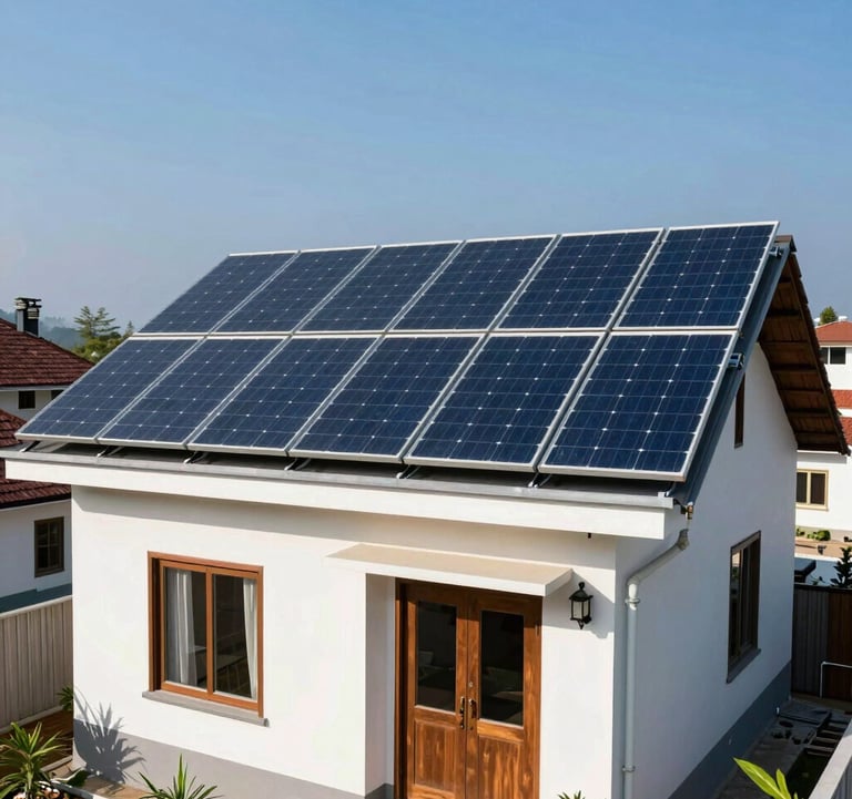 A residential rooftop solar panel installation on a modern white house for renewable energy.