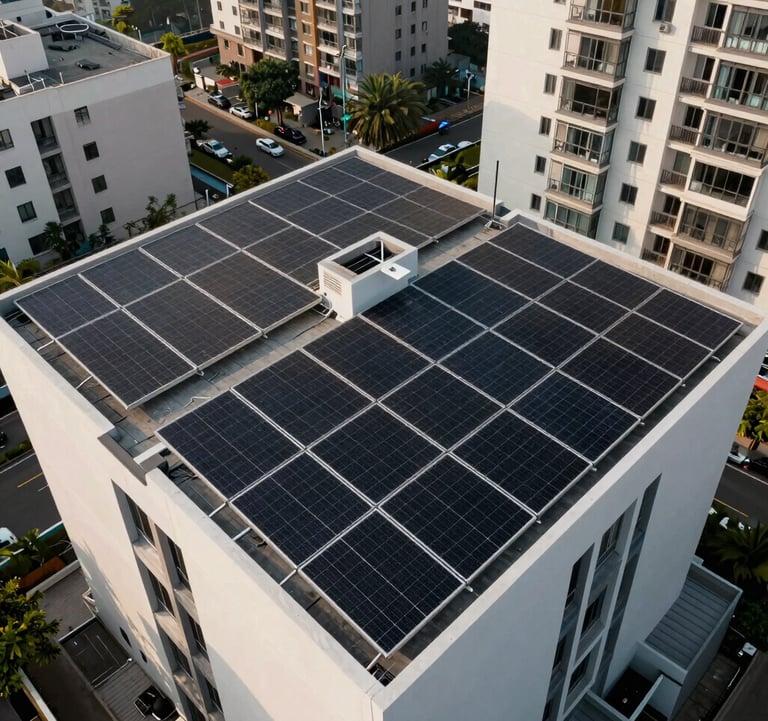 Aerial view of a residential rooftop in a modern Indian city fully covered with sleek, black solar panels. Professional architectural photography style.