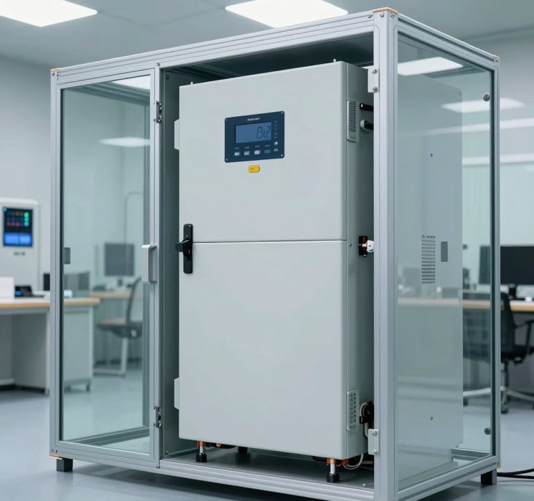 High-end energy storage systems and hybrid inverters installed in a clean, modern utility room with glass-morphism design elements and professional lighting.
