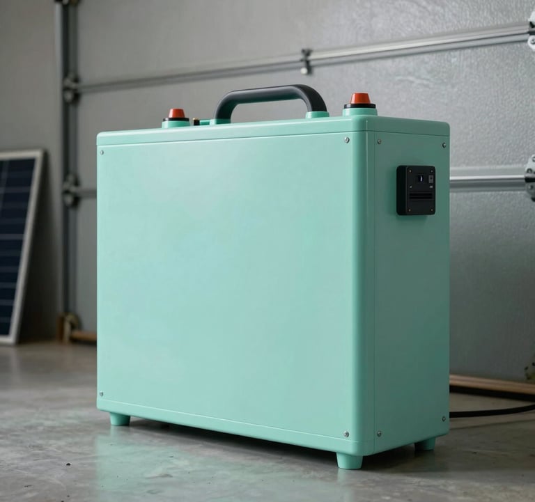 A close-up photograph of professional off-grid solar battery storage systems installed in a clean, modern garage in India. Soft neon mint lighting highlighting the high-tech equipment.