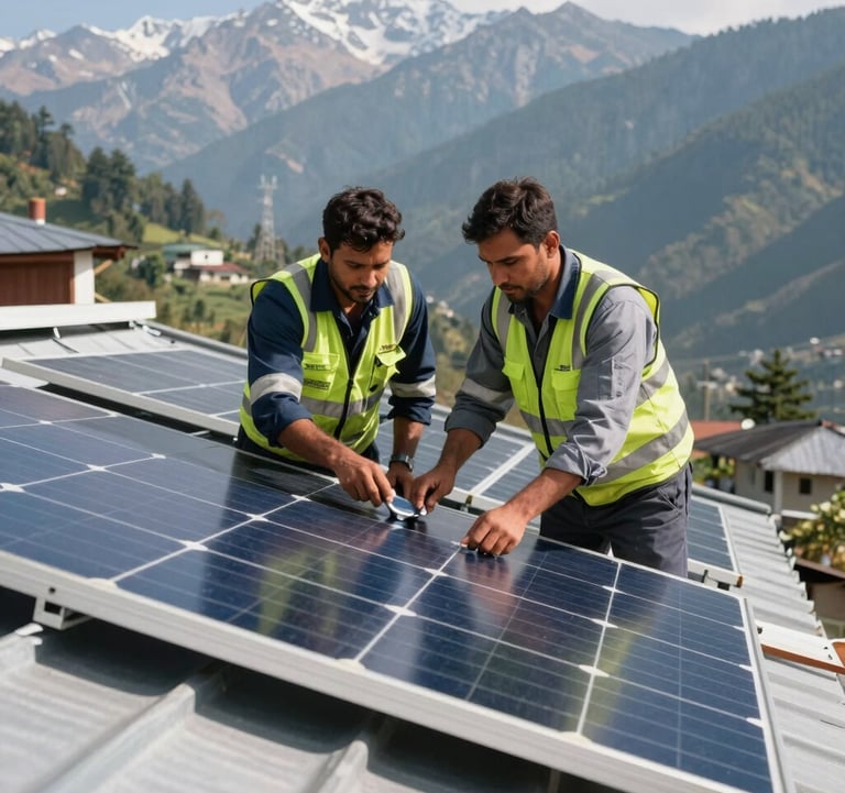 Professional solar energy technicians in clean uniforms installing solar infrastructure on a rooftop in a beautiful Uttarakhand mountain setting during bright daylight.