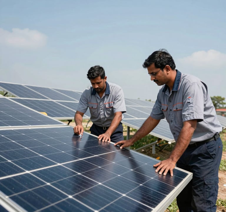 A professional maintenance team in uniforms inspecting solar panels on a sunny day in South Asia. High contrast, clean, and aspirational look.