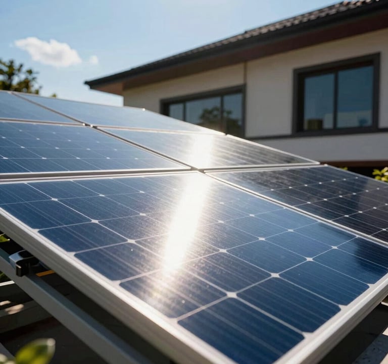 A close-up of a premium solar panel installation on a modern South Asian luxury home, with sunlight reflecting off the high-quality glass surface against a clear blue sky.
