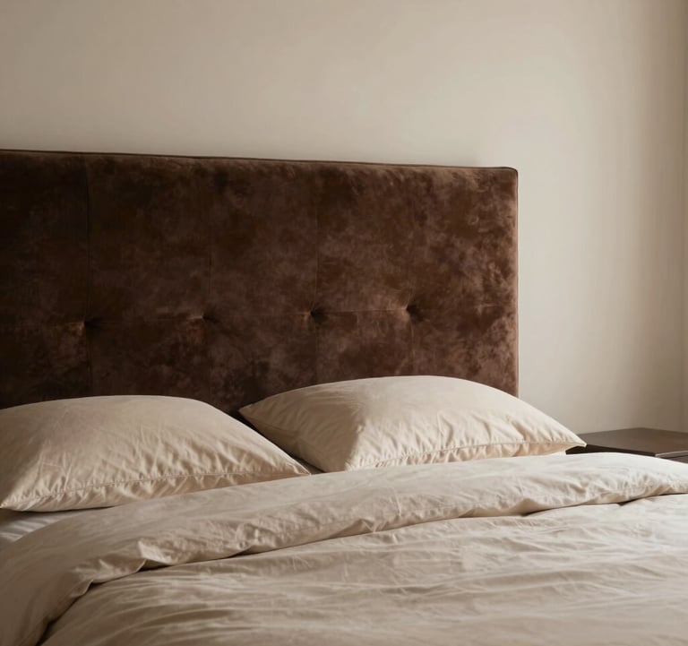 A luxurious bedroom interior featuring a dark espresso brown velvet upholstered headboard against a soft cream wall. High-quality bedding in light stone beige and soft cream creates a serene atmosphere. Soft evening lighting.