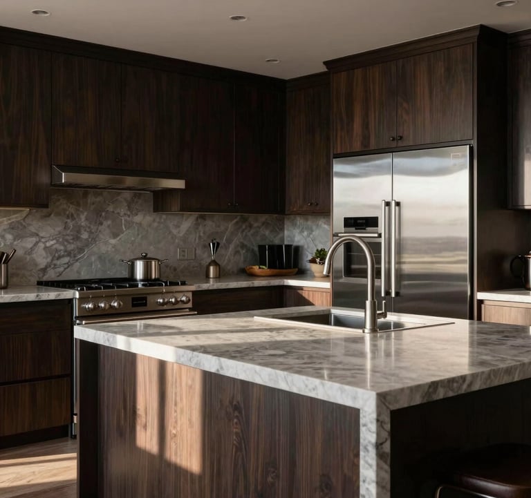 A luxurious kitchen featuring sleek dark espresso cabinetry, a large soft stone grey marble island, and high-end stainless steel appliances, photographed in warm, natural morning light.
