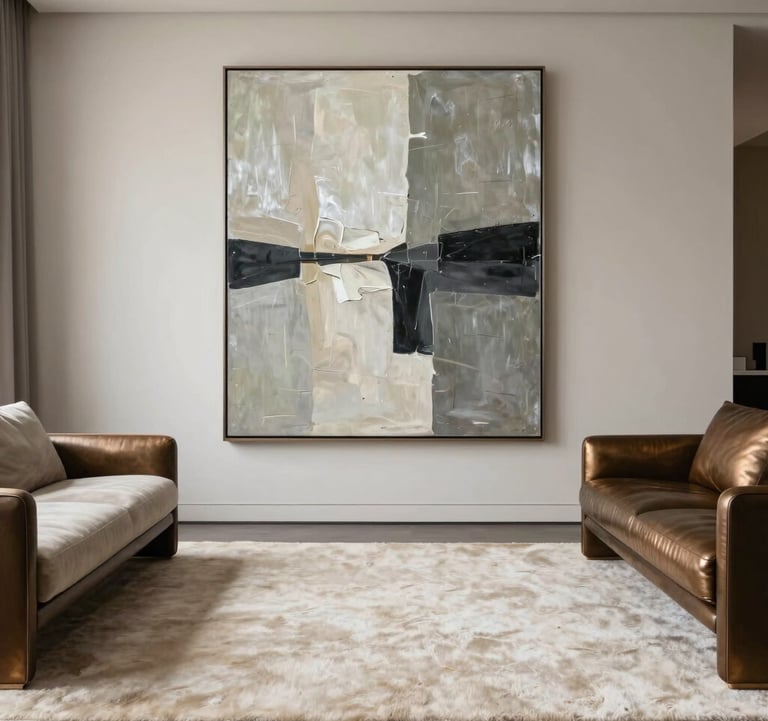 Interior shot of a modern living room featuring a plush rug in creamy off-white and minimalist furniture in muted bronze. A large abstract painting on the wall incorporates tones of silver sage and charcoal.