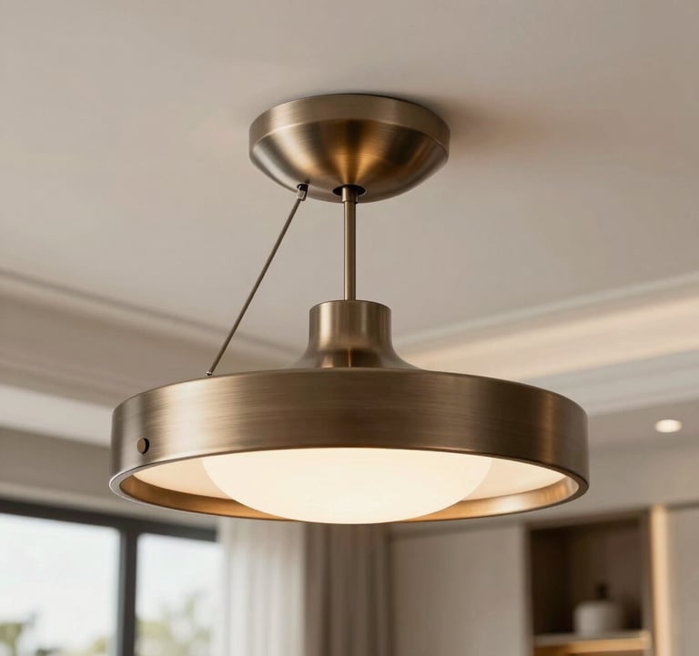 Detail shot of a bespoke lighting fixture in brushed bronze hanging from a ceiling with silver sage molding. The background is a soft-focus view of a luxury penthouse interior.