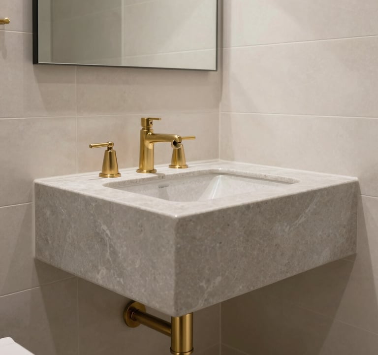 A close-up of a luxury bathroom featuring a floating vanity in soft stone grey, premium brass fixtures, and creamy off-white textured tiles, emphasizing sophisticated luxury.
