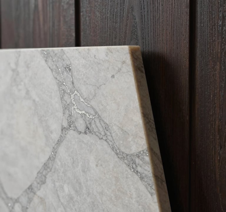 Macro photograph of a luxury interior finish: a slab of premium marble with silver sage veining against a backdrop of deep charcoal wood paneling. The lighting is focused and warm, emphasizing texture.