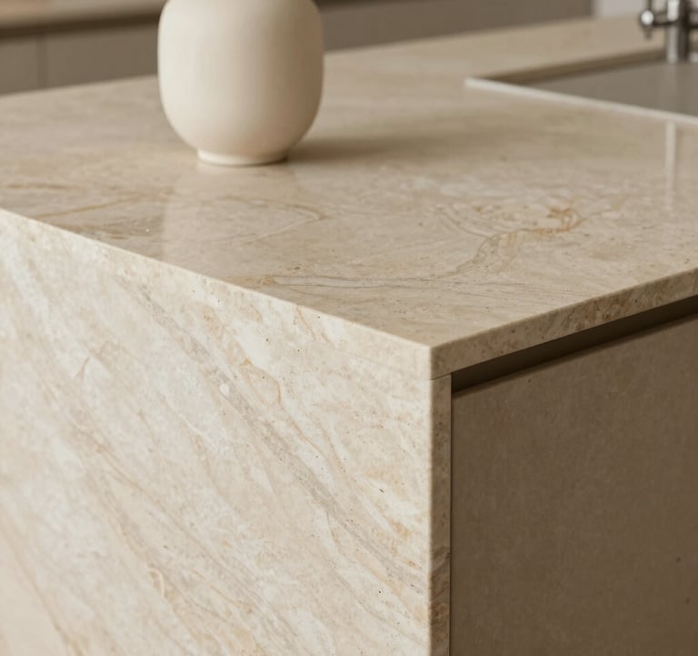 A close-up architectural photograph of a bespoke kitchen island. The surface is a light stone beige marble with delicate warm grey veining. A single minimalist soft cream vase sits on the counter. The lighting is soft and natural.