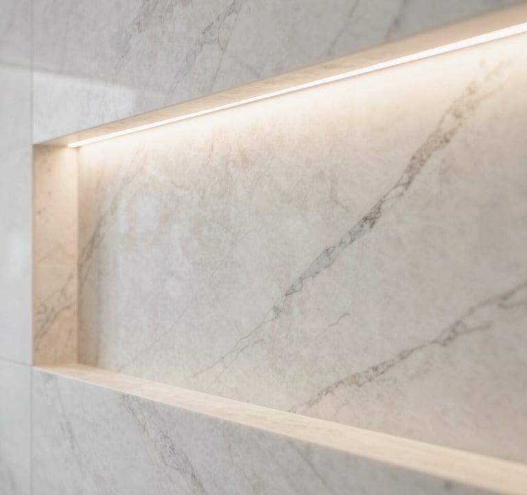 A detail shot of high-end finishing work, showing a perfectly installed marble wall panel with recessed lighting, in a palette of creamy off-white and soft stone grey.