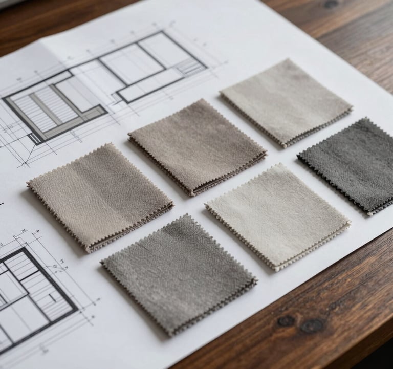 A close-up shot of architectural blueprints and a mood board featuring fabric swatches in warm muted grey and soft stone grey on a dark espresso wooden table, symbolizing professional interior design planning.