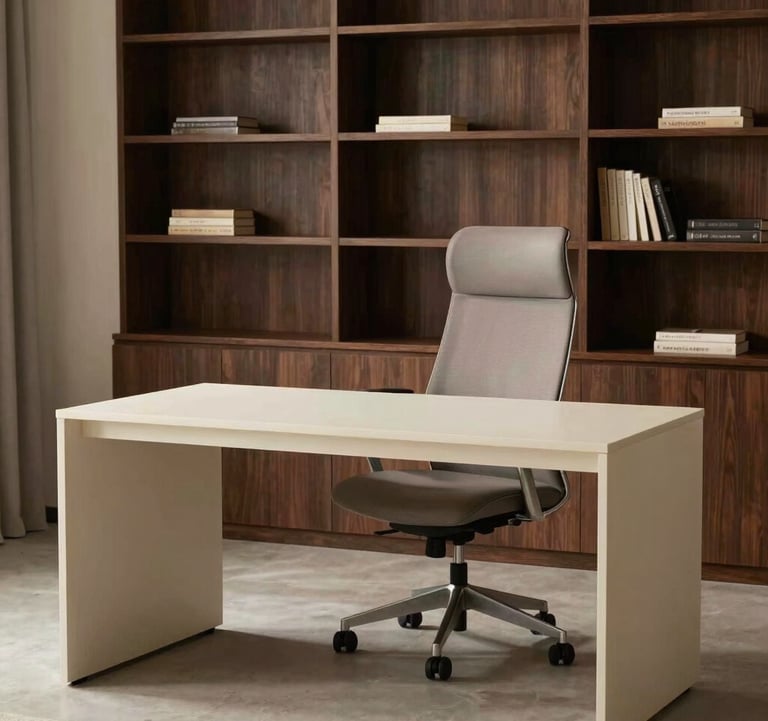 A tranquil home office with a minimalist desk in creamy off-white, a ergonomic chair in warm muted grey, and built-in bookshelves in dark espresso, perfectly lit for a professional yet cozy feel.
