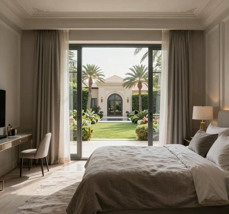 An elegant master bedroom in an upscale villa. The color palette features Soft Pewter walls and Taupe Grey linens. A large window shows a lush Egyptian garden. Professional architectural photography, soft morning light.