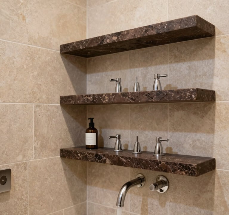 A detailed shot of a premium bathroom finish. Light stone beige tiles cover the walls, accented by dark espresso brown stone shelves. The fixtures are high-end, and the overall mood is that of a private spa in a luxury Egyptian villa.