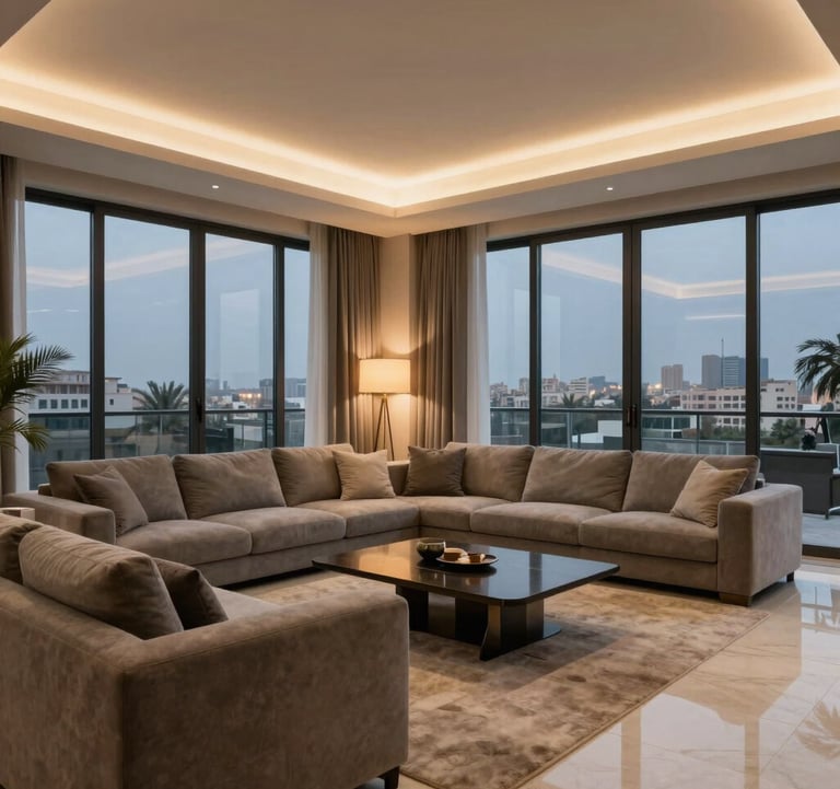 A modern penthouse living area in Cairo with panoramic views. The interior features Taupe Grey sleek furniture and Warm Alabaster accents. Sophisticated evening lighting creates a warm, exclusive atmosphere.