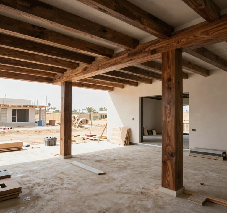 A professional setting showing a modern villa construction site in Egypt under management, with a focus on a clean, organized workspace and premium materials like dark espresso wood beams.