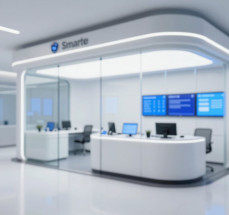 A view of the interior of a Smart Police Station, featuring minimalist white design, glass surfaces, and high-tech blue-lit interfaces. A blend of #F2F4F7 and #607B8B tones, conveying a luxury digital environment.