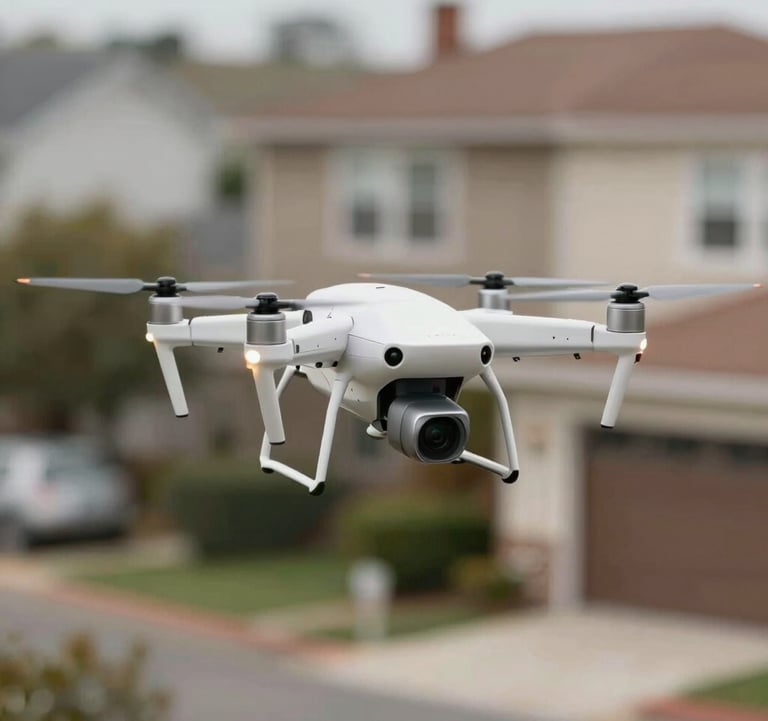 A smart patrol drone hovering in a residential area, showcasing integrated technology and modern surveillance. Palette focuses on #607B8B and white.