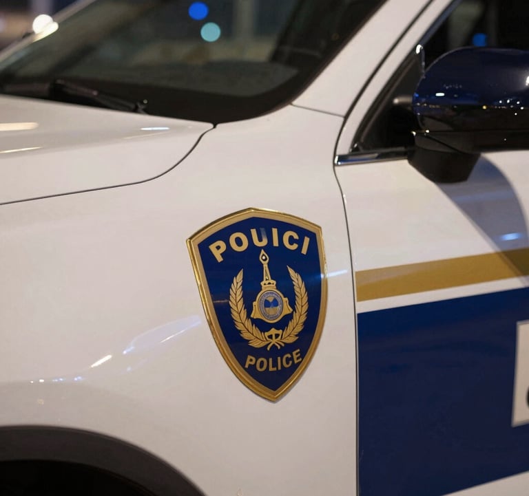Close-up of the Dubai Police emblem on the side of a white and navy patrol vehicle, with golden details gleaming under city lights. Luxury and authority conveyed through #B28F5D and #0A1128 accents.