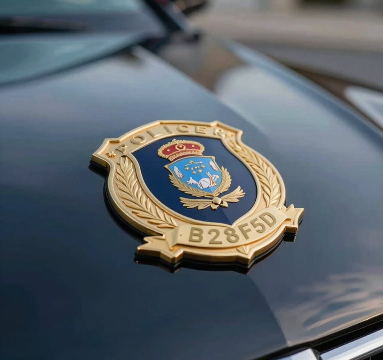 Close up of a luxury police patrol car emblem with gold detailing #B28F5D against a dark navy #0A1128 polished surface, emphasizing prestige and high-end automotive engineering.