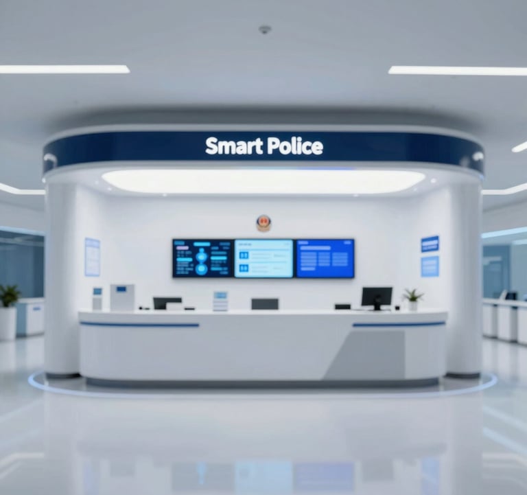Interior of a Smart Police Station (SPS), featuring sleek, minimalist white architecture and interactive glowing screens. The lighting is cold and precise with steel blue #607B8B undertones.