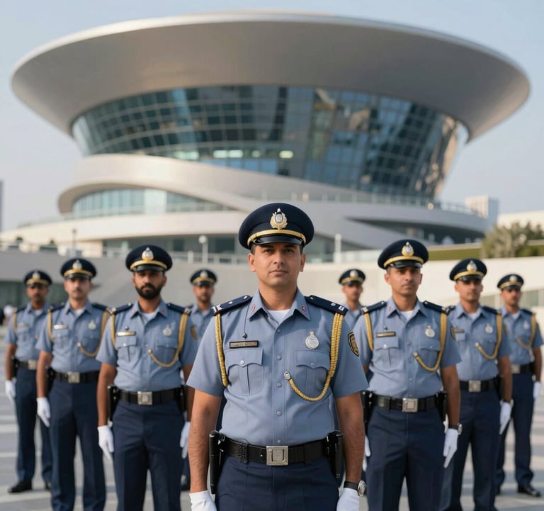 A group of Dubai Police officers in their elegant ceremonial uniforms, standing with poise in front of the Museum of the Future. The image conveys a sense of sophisticated authority, tradition, and the spirit of innovation.