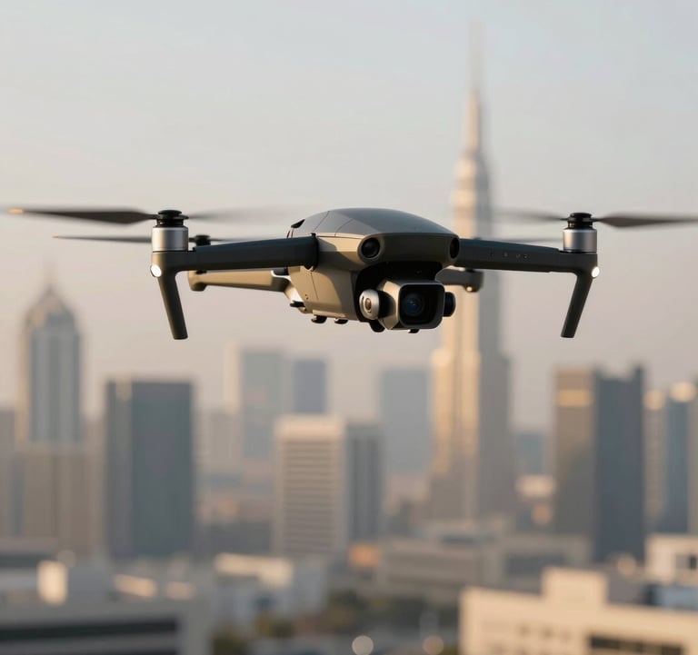 A high-end autonomous surveillance drone with a matte black finish and gold (#B28F5D) detailing. It is hovering elegantly above a blurred Dubai skyline. The style is premium and authoritative, emphasizing security and precision engineering.