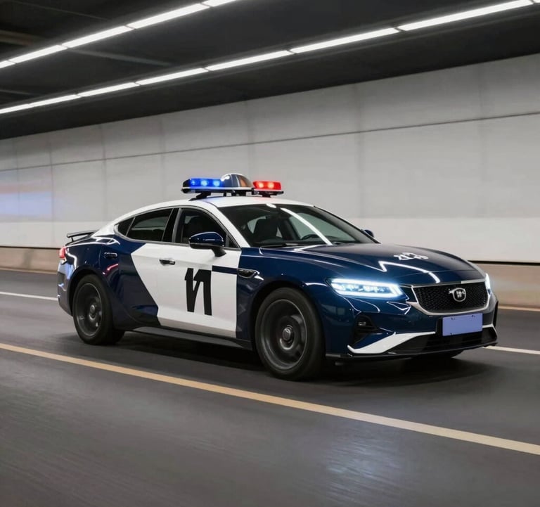 High-end luxury patrol vehicle speeding through a modern urban tunnel. The motion blur and lighting highlights the sleek navy #0A1128 and white bodywork.