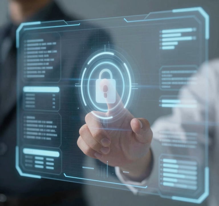 A close-up of a high-tech security interface with holographic elements and data visualizations in shades of #607B8B and #F2F4F7, representing cutting-edge cyber security.