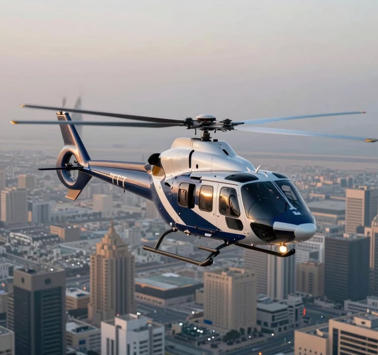 A luxury police helicopter flying over a sprawling urban landscape of Dubai at dawn. The metal reflects the #F2F4F7 light of the rising sun.