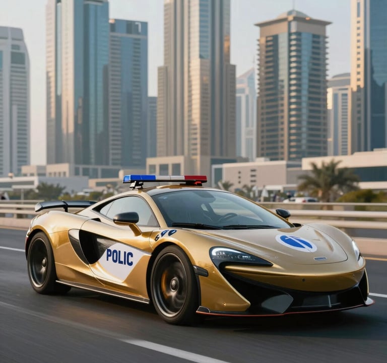 A professional photograph of a Dubai Police supercar patrol, a sleek McLaren, driving through the modern skyline of Downtown Dubai. The lighting is crisp, highlighting the metallic gold #B28F5D accents and the prestigious nature of the force.