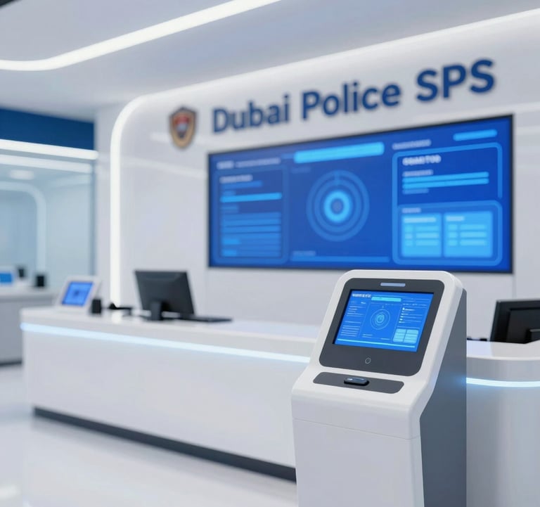 A close-up of a high-tech Dubai Police Smart Police Station (SPS) interior, showcasing minimalist white surfaces, glowing blue #607B8B interface panels, and a sleek, automated service terminal representing the future of community engagement.