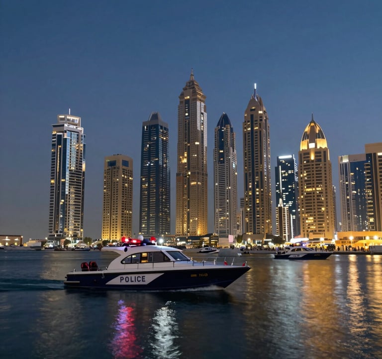 The Dubai skyline at night with a fleet of police boats in the foreground patrolling the marina. The dark blue water reflects the gold and white lights of the skyscrapers. Professional photography style.