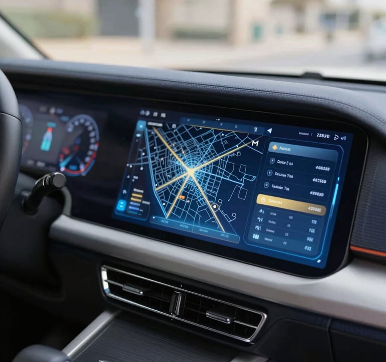 A close-up of a futuristic digital interface inside a Dubai Police luxury patrol vehicle. The dashboard shows an advanced holographic AI city map. The UI is crisp and modern, featuring Slate Blue (#607B8B) and Gold (#B28F5D) highlights on a dark navy background.
