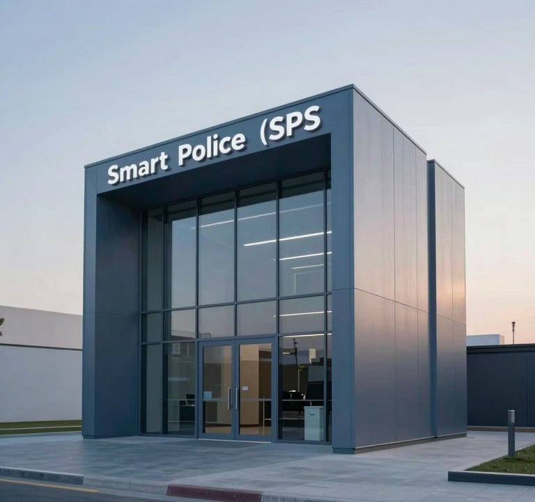 An architectural photograph of a sleek, minimalist Smart Police Station (SPS) in Dubai. The building features seamless glass and brushed steel. The lighting is soft evening dusk, highlighting the elegant geometric design with a color palette of slate blue (#607B8B) and soft light grey (#F2F4F7).