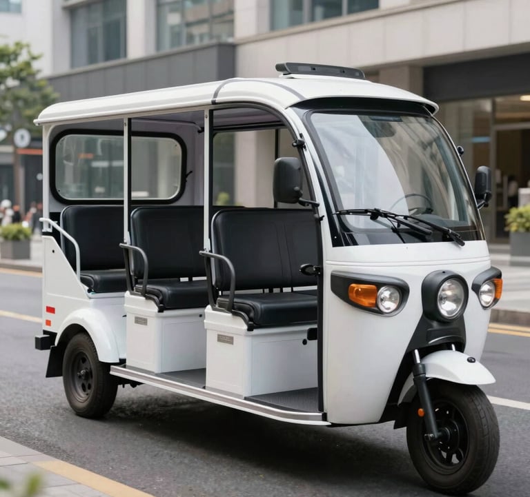 A sleek white BN-ZKC series electric passenger tricycle, designed for 3 to 5 passengers, shown navigating a modern urban street. The photography is clean and bright, showcasing the vehicle's modern aesthetics in a Global / International setting.