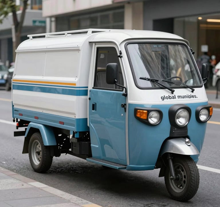 A specialized sanitation electric tricycle featuring a white and dusty blue exterior, parked on a clean city boulevard. The vehicle represents the versatility of our special purpose series for global municipalities.