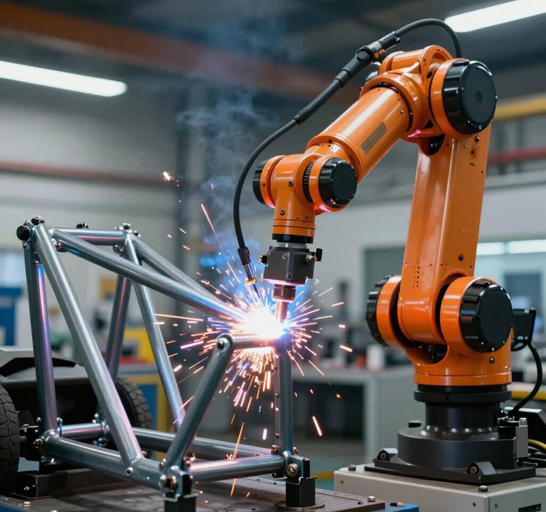 Close-up of a high-tech robotic welding arm emitting sparks as it precision-joins a steel electric tricycle frame in a modern factory. Industrial lighting with steel blue and orange hues. Global / International.