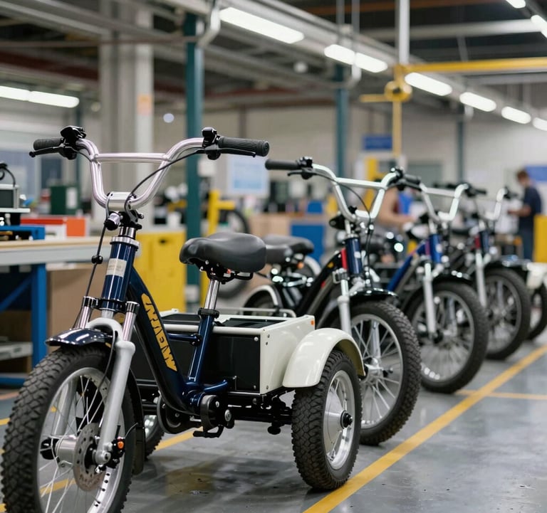 The final inspection stage on an assembly line. A row of finished passenger trikes and freight loaders ready for shipment, showcasing robust engineering and industrial design. Global / International.
